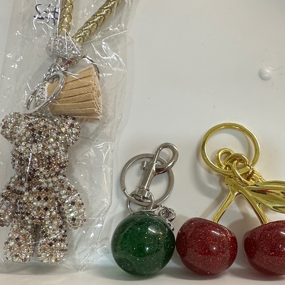 Crystal Teddy & Fruit Charm Keychain Set - Gold, Red, Green, Beige